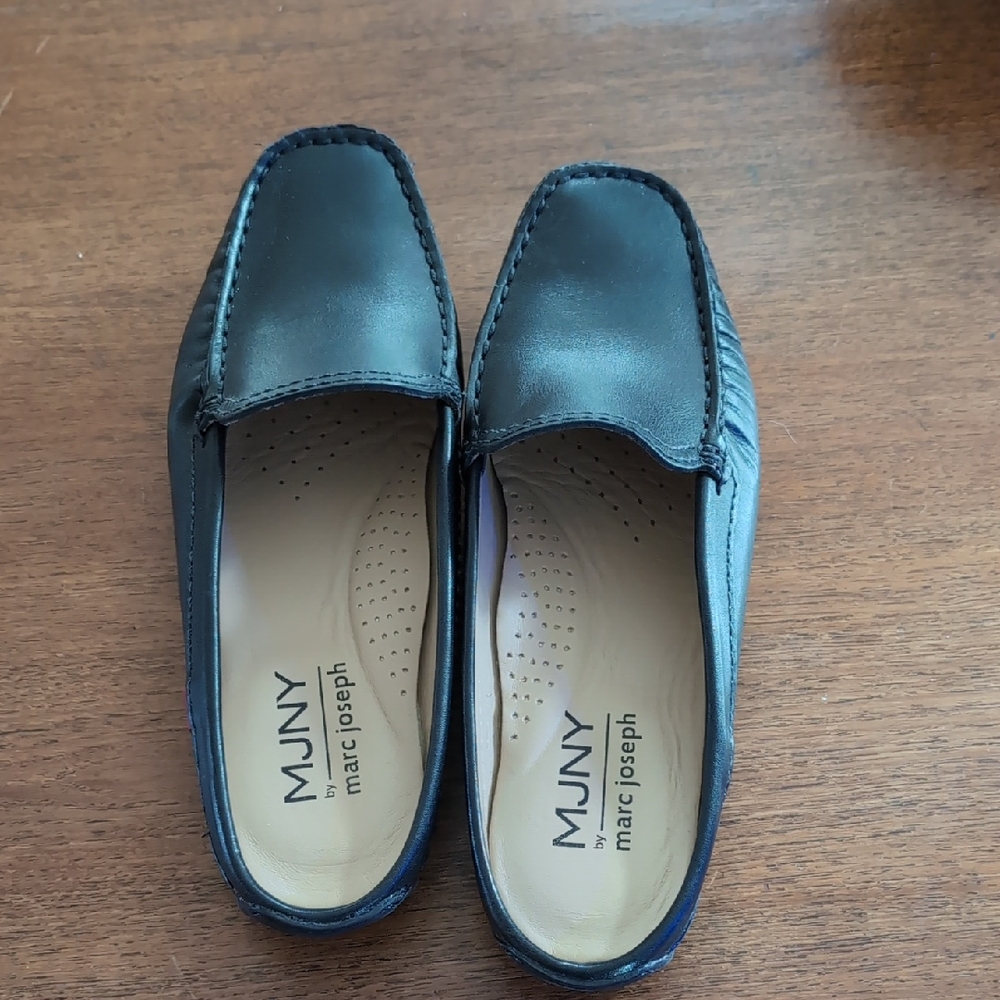 Marc Joseph Black Leather Moc Toe Slip-On Mules